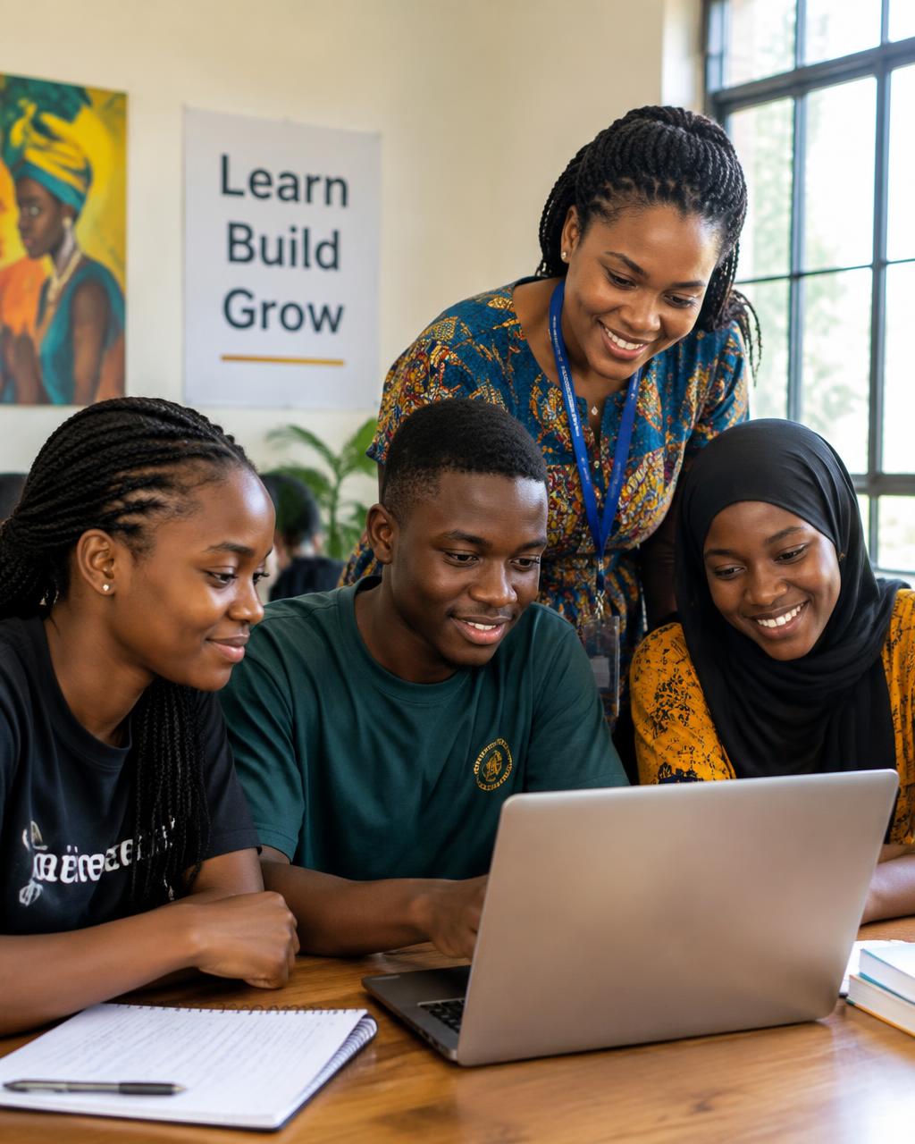 Nigerian youth and a teacher collaborating around a laptop in a bright community learning space