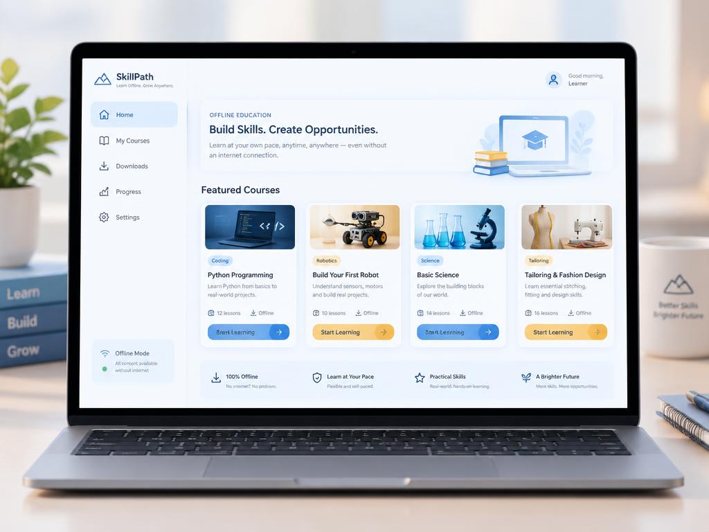 Offline education platform showing course cards for coding, robotics, science, and tailoring